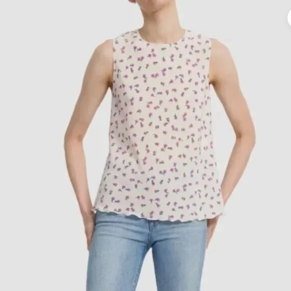 THEORY Ruffle Edge Shell Sleevelss Silk Blouse Pink daisies on cream Size P